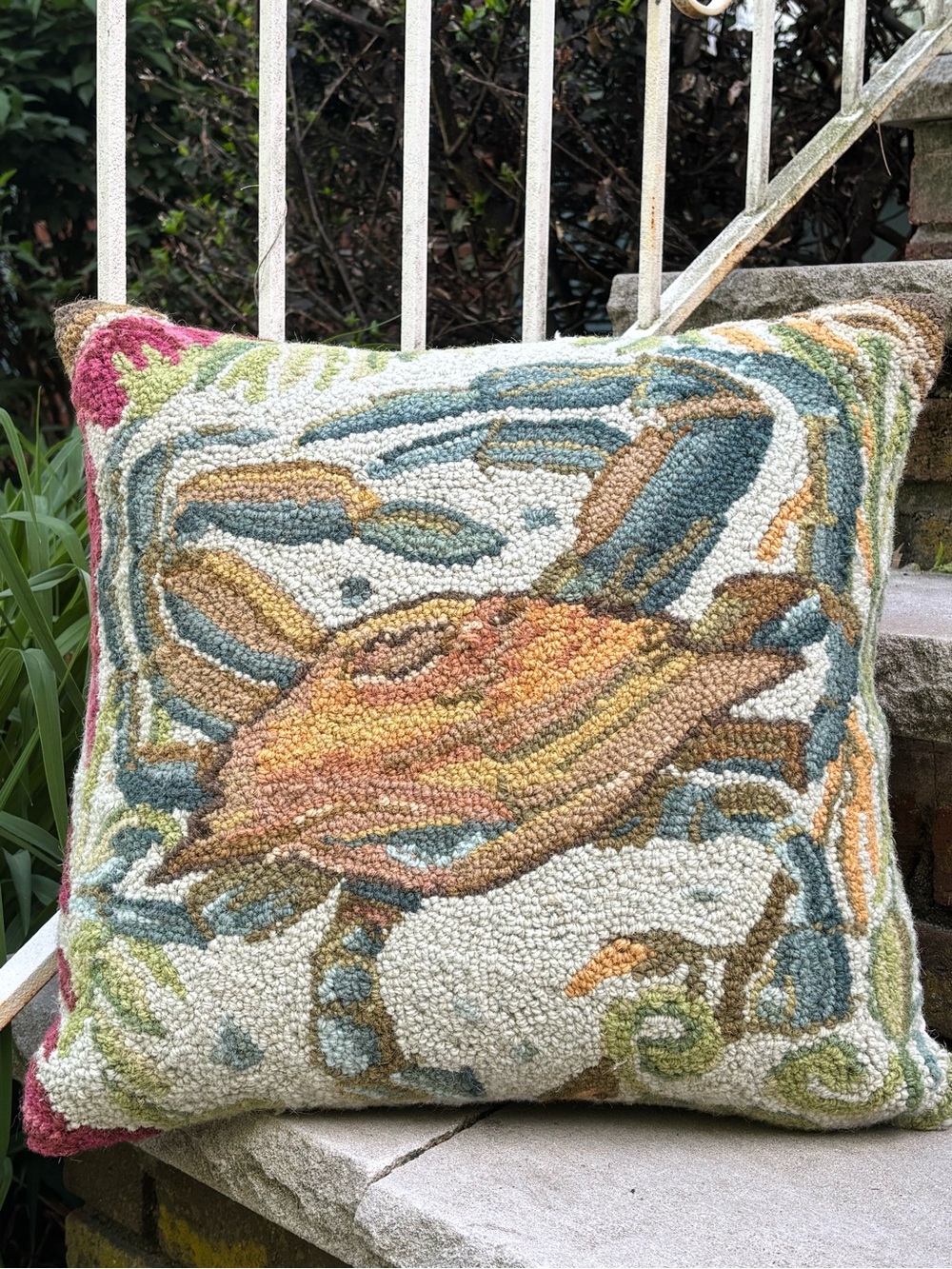 Susan Winget Wool Handhooked Crab Throw Pillow in Multi Colors